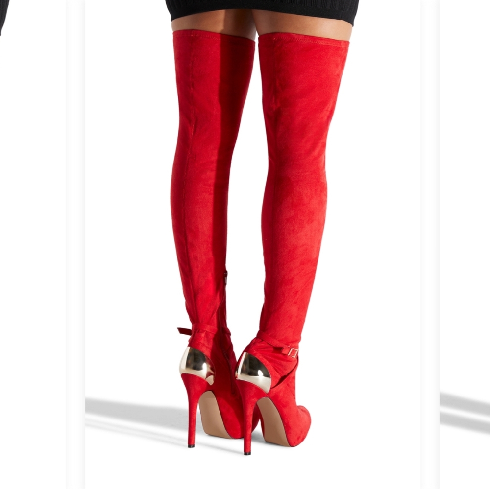 Red thigh high boots
